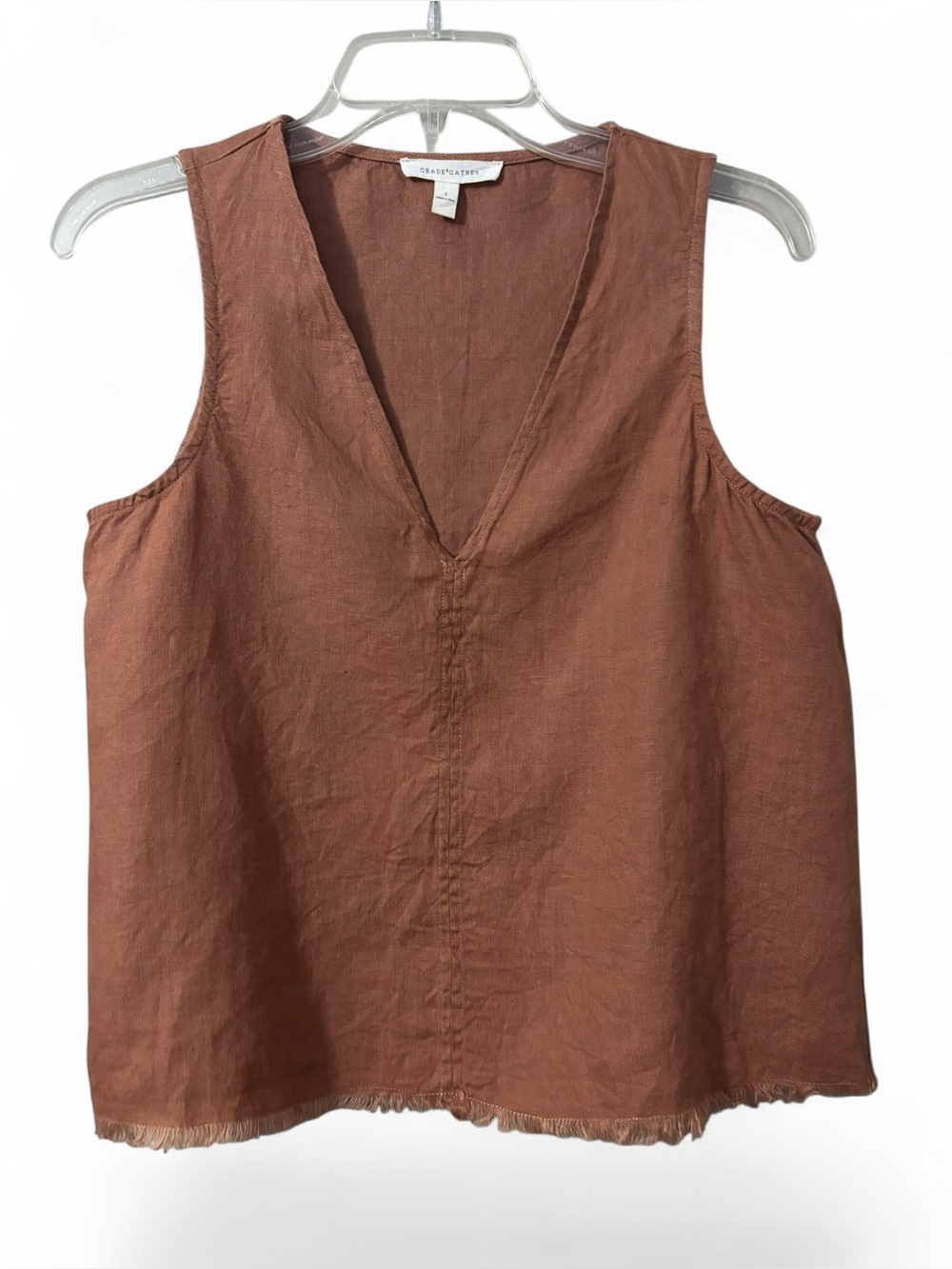 Grade & Gather Washed Rust Linen V-Neck Sleeveless raw hem Tank size Small